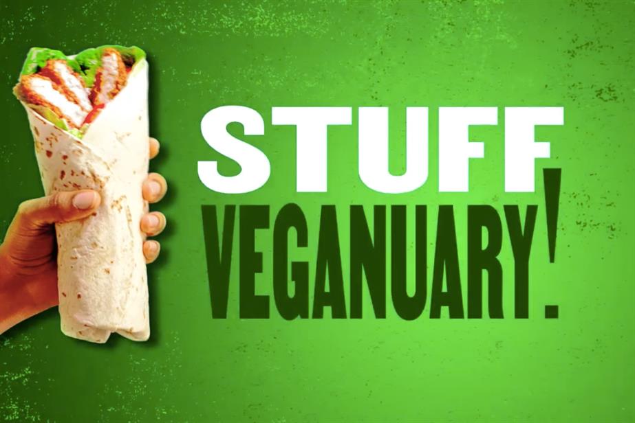 A Birds Eye Green Cuisine wrap is positioned next to the words 'Stuff Veganuary' on a green background.