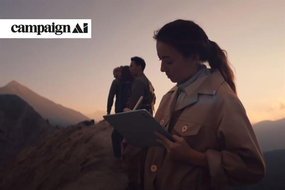 Campaign AI logo and a woman looking at a device pad. Mountains are seen in the background.