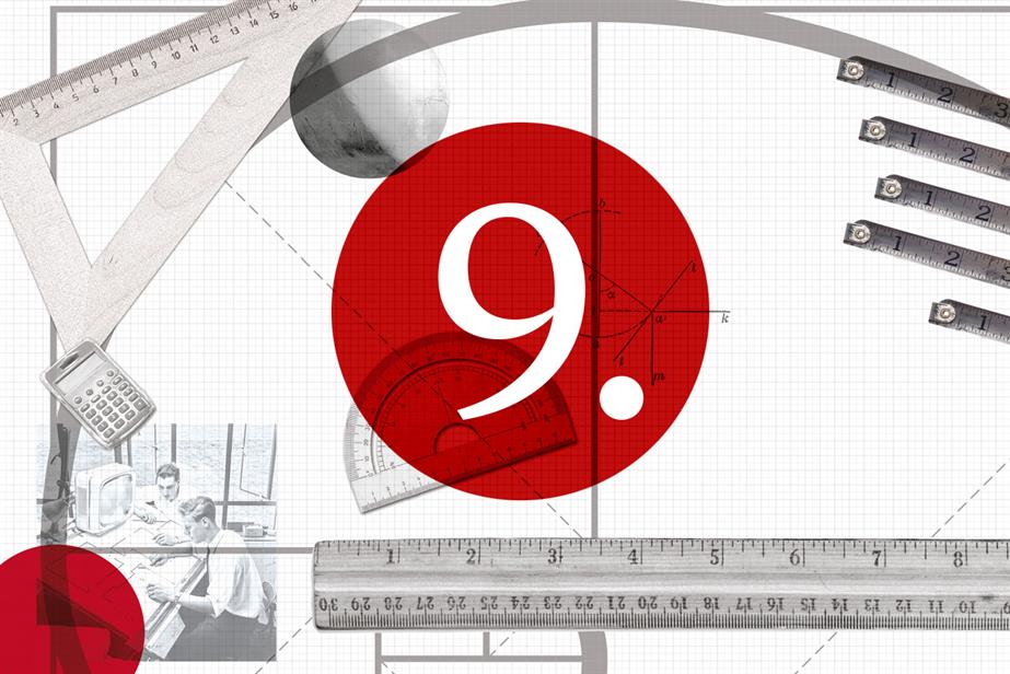 collage of images including rulers, set square and calculator overlaid with number 9 in a red circle